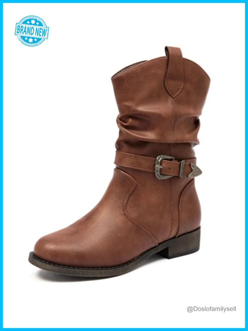Women's Mid-Calf Cowboy Boots Faux Leather Low Heel Zip Booties